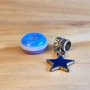 Charm Bracelet Beads Silvertone Navy Star Blue Purple Stripes Glass Collectible
